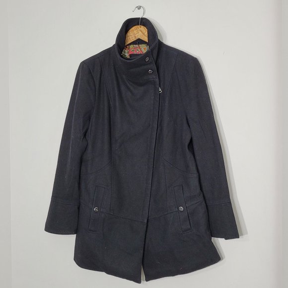 Steve Madden Black Wool Blend Asymmetric Zipper Front Jacket Snaps Coat Sz Large - Picture 1 of 12